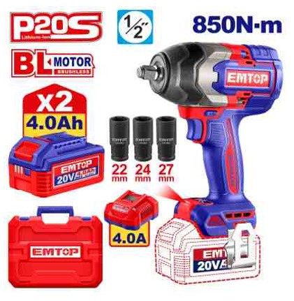Cordless Impact Wrench Brushless 20V, 1/2" Square Drive, 850Nm Fastening Torque, 1000Nm Nut-Busting, 3-Speed, LED Work Light, 2x 4.0Ah Battery + Charger, Case